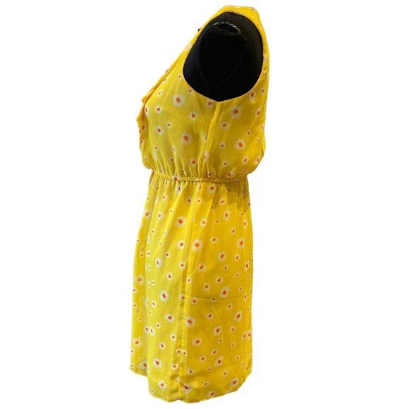 V-neck daisy print layered ruffle dress Small sleeveless garden yellow - Picture 3 of 6